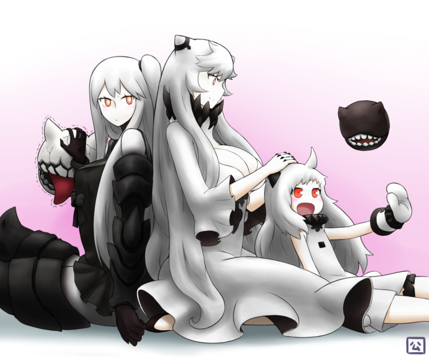 3girls :d ahoge aircraft_carrier_oni armored_boots black_dress boots breasts cleavage dress gauntlets hamu_koutarou horns kantai_collection large_breasts long_hair looking_at_viewer midway_hime mittens multiple_girls northern_ocean_hime open_mouth red_eyes sailor_dress shinkaisei-kan short_dress sitting smile thigh-highs thigh_boots white_dress white_hair white_skin zettai_ryouiki