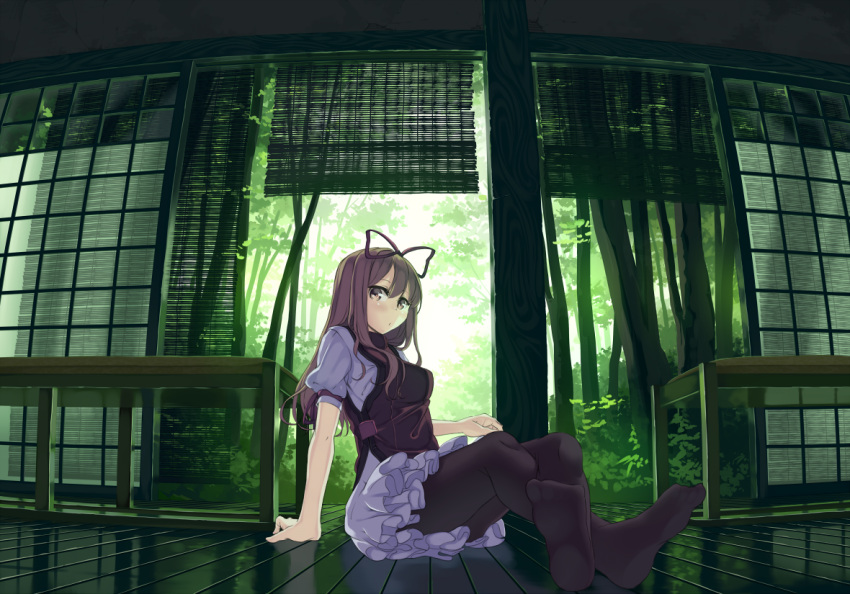 1girl alternate_headwear arm_support black_legwear blinds brown_eyes brown_hair crossed_legs dress forest garnet grass green hair_ribbon indoors long_hair looking_at_viewer nature no_hat no_shoes on_floor pantyhose puffy_short_sleeves puffy_sleeves reflective_floor ribbon short_sleeves sitting solo touhou tree window wooden_floor yakumo_yukari