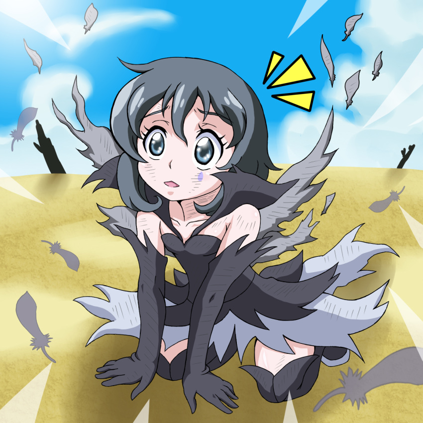 1girl :o all_fours black_gloves black_hair black_legwear blue_eyes boots elbow_gloves feathers gloves happinesscharge_precure! highres precure queen_mirage short_hair skirt solo spoilers thigh-highs thigh_boots torn_clothes watosonshi
