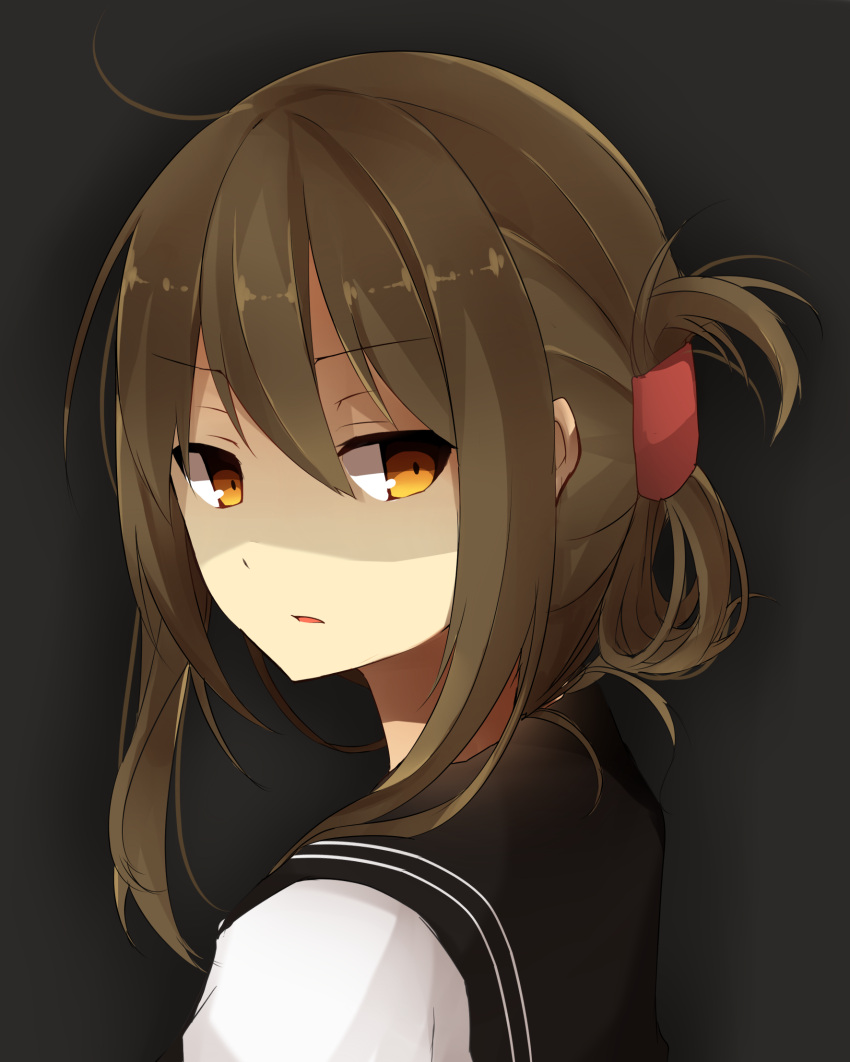 1girl black_background brown_eyes brown_hair bust folded_ponytail from_behind hair_ornament highres inazuma_(kantai_collection) kantai_collection looking_at_viewer looking_back parted_lips plasma-chan_(kantai_collection) sailor_collar satou_saya school_uniform serafuku shaded_face simple_background solo