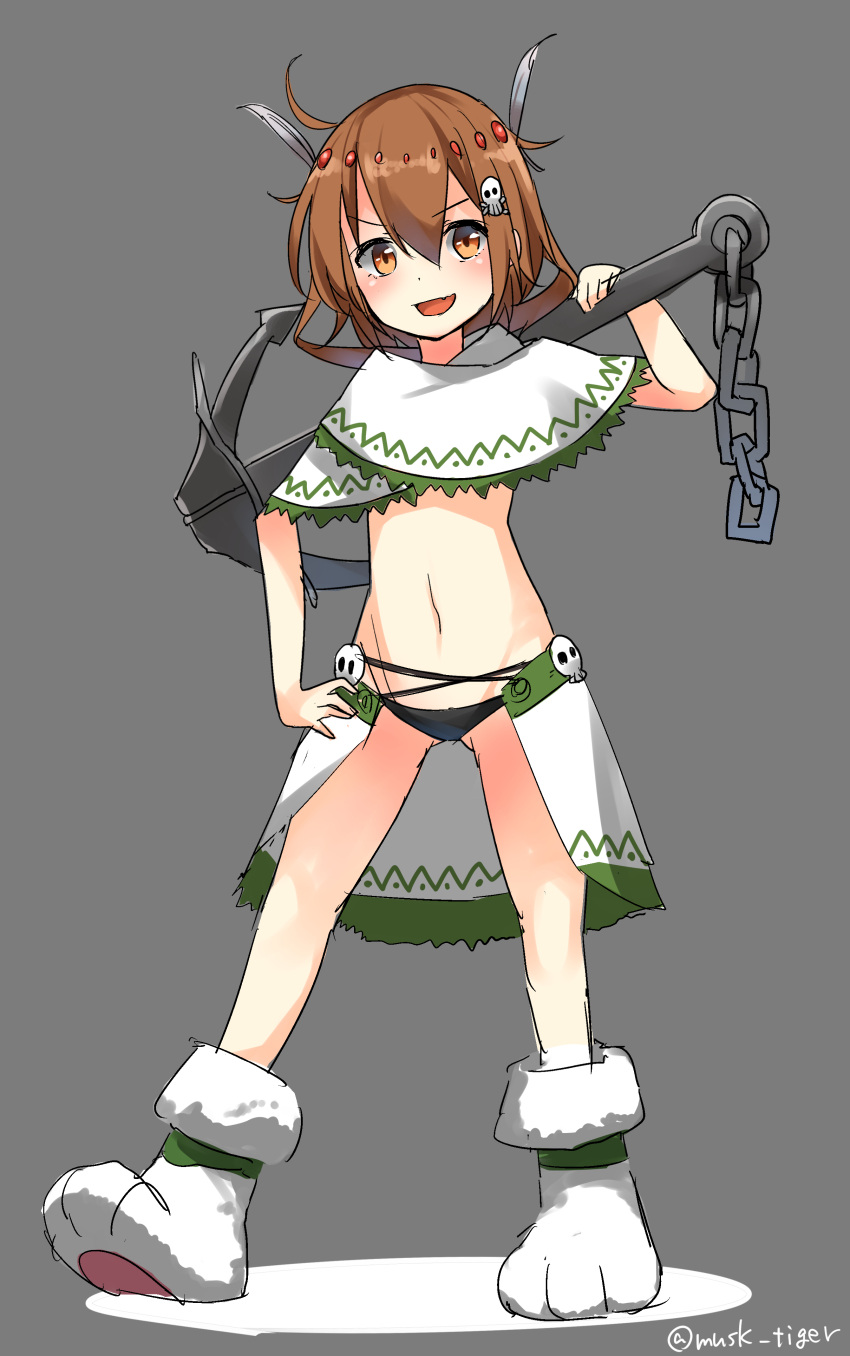 1girl absurdres alternate_costume anchor black_panties blush brown_eyes brown_hair capelet copyright_request feathers grey_background hair_feathers hair_ornament hand_on_hip highres ikazuchi_(kantai_collection) kantai_collection looking_at_viewer max_melon_teitoku navel over_shoulder panties paw_shoes short_hair showgirl_skirt simple_background skull skull_hair_ornament smile solo twitter_username underwear