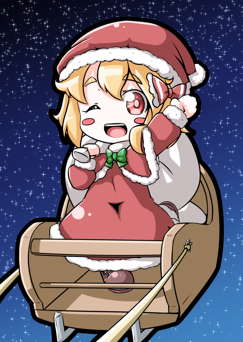 1girl bag blonde_hair blush_stickers bow capelet dress hair_bow hat highres long_sleeves one_eye_closed open_mouth red_dress red_eyes roco_(katsuya1011) rumia santa_costume santa_hat sky sleigh smile solo star_(sky) starry_sky touhou