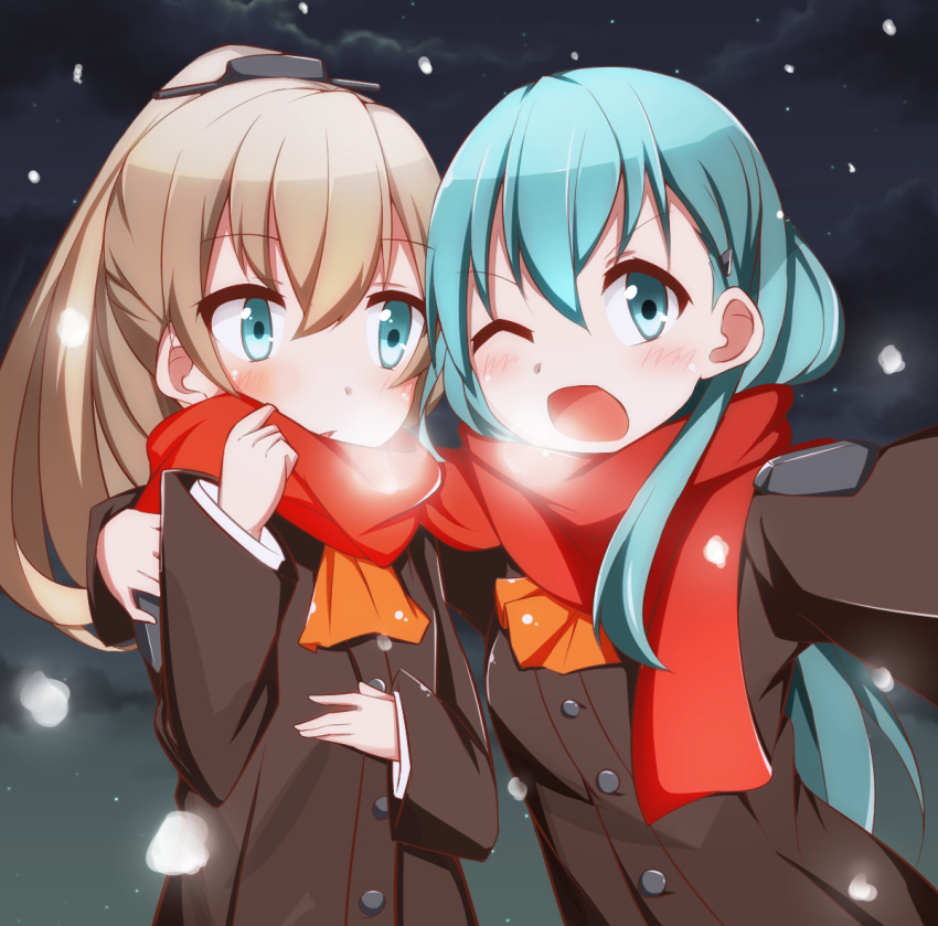 2girls akina873 ascot breath brown_hair bust green_eyes green_hair hair_ornament hairclip hand_on_another's_shoulder high_ponytail kantai_collection kumano_(kantai_collection) long_hair long_sleeves looking_at_viewer multiple_girls one_eye_closed scarf school_uniform self_shot shared_scarf snowing suzuya_(kantai_collection)