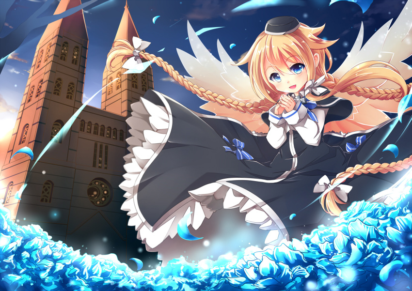 1girl aata1007 blonde_hair blue_eyes braid character_request dress flower hair_flaps hands_together hat highres long_hair looking_at_viewer open_mouth sky solo twin_braids very_long_hair wings