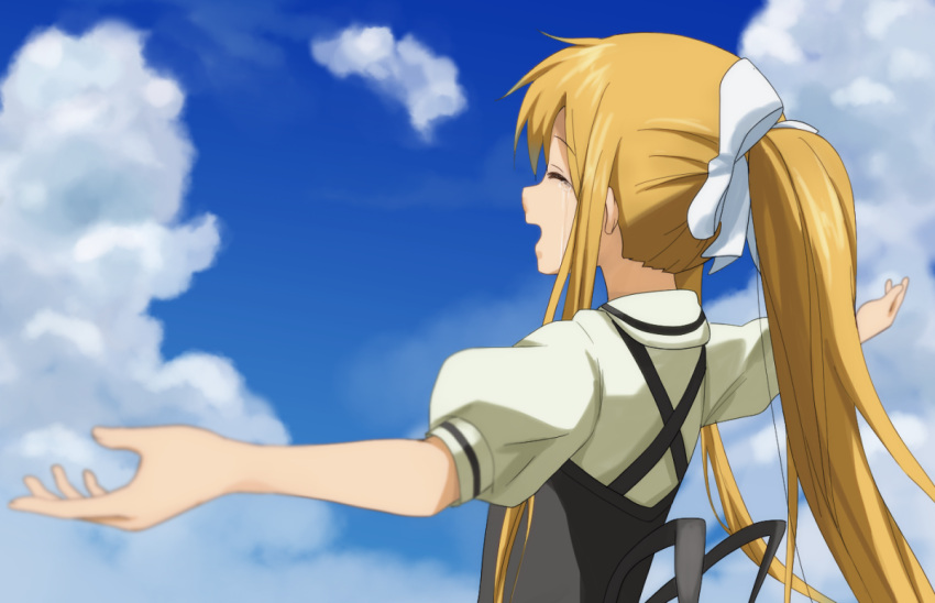 1girl ^_^ air blonde_hair bow closed_eyes crying hair_bow hair_ribbon kamio_misuzu key_(company) long_hair looking_away looking_up open_mouth outstretched_arms ponytail ribbon shizupu sky smile solo spread_arms streaming_tears summer tears