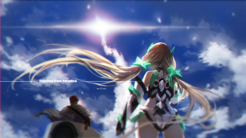 1girl angela_balzac back blonde_hair bodysuit copyright_name dingo_(expelled_from_paradise) expelled_from_paradise highres long_hair looking_up low_twintails machinery sky swd3e2 twintails wind