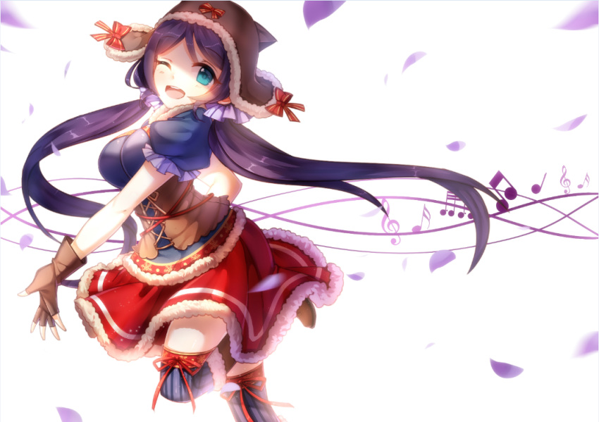 1girl ;d aqua_eyes brown_gloves fingerless_gloves gloves hat kan_(rainconan) long_hair looking_at_viewer love_live!_school_idol_project musical_note one_eye_closed open_mouth purple_hair red_skirt skirt smile solo thigh-highs toujou_nozomi twintails very_long_hair