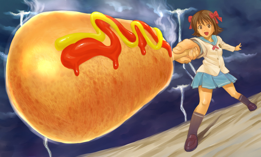 1girl brown_eyes brown_hair corndog lightning pizza_man school_uniform serafuku solo sunrise_stance