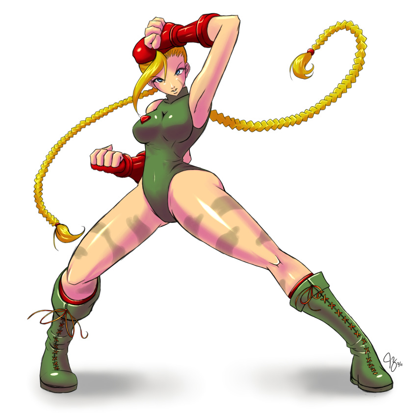 1girl armpits beret blonde_hair blue_eyes bodypaint boots braid breasts cammy_white camouflage claymore32 colored combat_boots fighting_stance fingerless_gloves full_body gloves hat highres knee_boots leotard long_hair scar slender_waist socks solo standing street_fighter twin_braids white_background