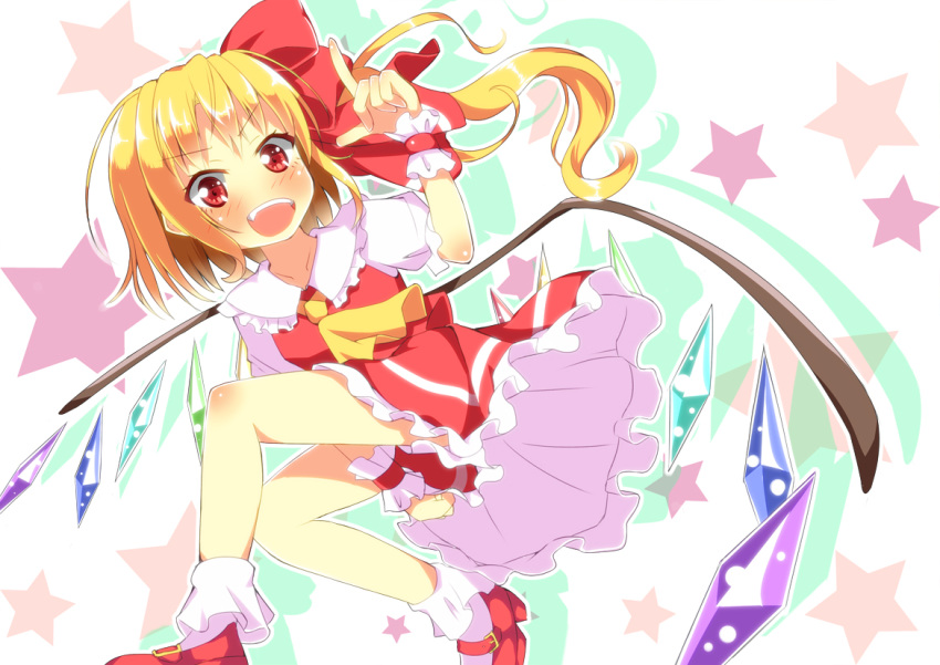 &gt;:d 1girl :d ascot blonde_hair bow dress flandre_scarlet hair_bow no_hat open_mouth puffy_short_sleeves puffy_sleeves red_dress red_eyes shirt short_sleeves side_ponytail smile solo star touhou wings wrist_cuffs yuimari
