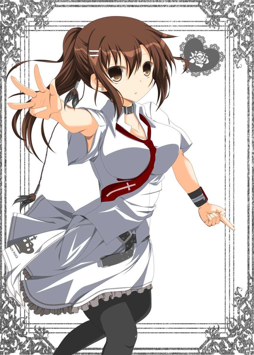 1girl absurdres belt breasts brown_eyes brown_hair collar earrings foreshortening hair_ornament hairclip highres jewelry large_breasts mikami_yuu minakami_yuki necktie pantyhose parted_lips ponytail reaching_out skirt solo subarashiki_hibi wristband