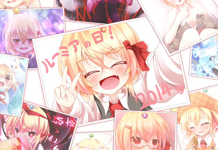 1girl :d ^_^ annotated bespectacled blonde_hair closed_eyes glasses hair_ornament hair_ribbon hairclip highres kuroyume_(dark495) looking_at_viewer open_mouth photo_(object) red_eyes ribbon rumia short_hair smile touhou translated