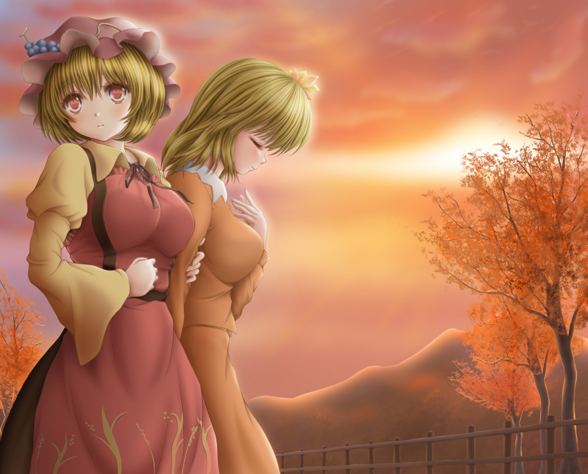 2girls aki_minoriko aki_shizuha akino_irori apron arm_grab autumn autumn_leaves blonde_hair breasts closed_eyes clouds cloudy_sky fence food fruit grapes hair_ornament highres juliet_sleeves large_breasts leaf_hair_ornament long_sleeves mob_cap multiple_girls pink_eyes puffy_sleeves shirt siblings sisters skirt sky sunset touhou tree