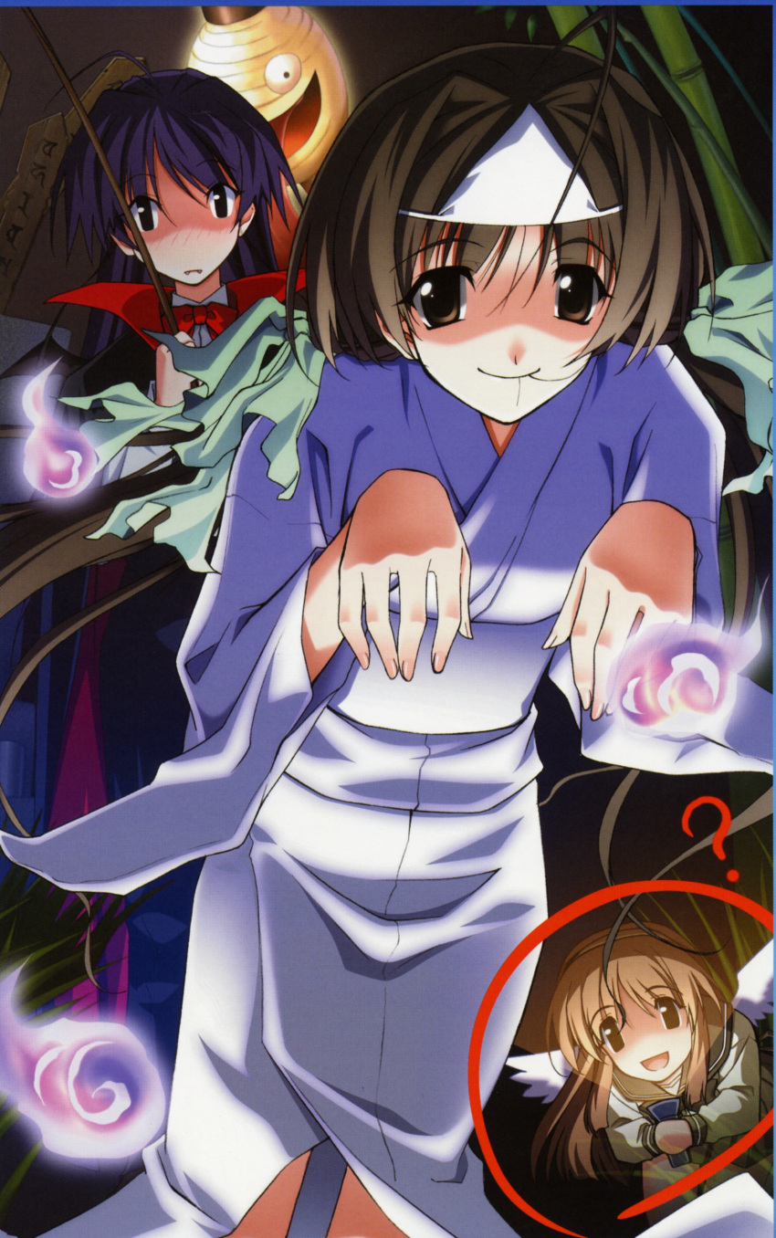 absurdres bamboo black_hair brown_eyes brown_hair chouchin_obake fangs ghost hair_in_mouth highres hitodama hizuki_ayaka japanese_clothes kimono long_hair matsuo_yukihiro memories_off memories_off_2nd shirakawa_hotaru suzuna_takano triangular_headpiece twintails vampire wings