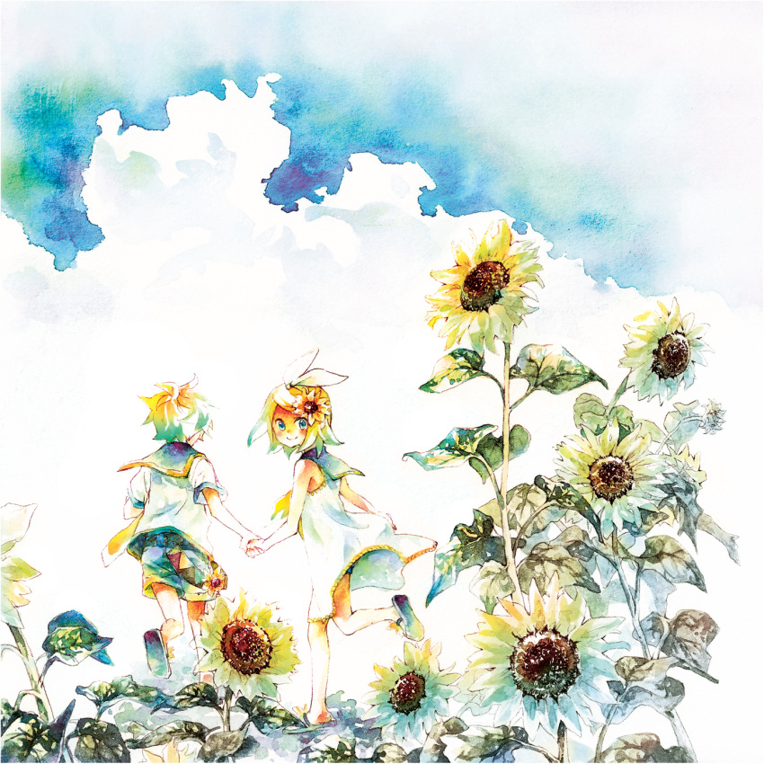 blue_eyes flower hair_flower hair_ornament hand_holding highres holding_hands kagamine_len kagamine_rin short_hair shorts siblings smile sunflower traditional_media twins vocaloid watercolor watercolor_(medium) yukinell