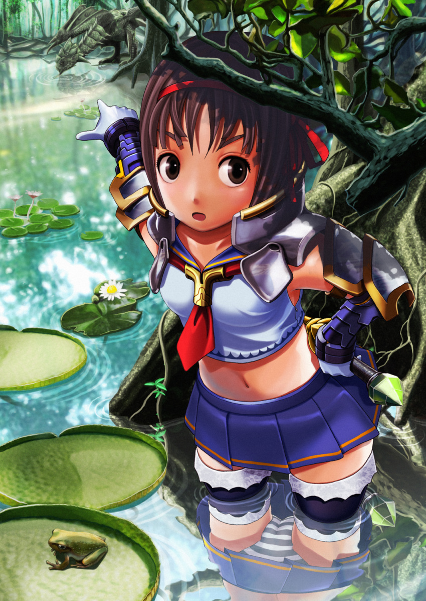armor brown_eyes brown_hair crop_top frog hairband hand_on_hip highres midriff monster_hunter navel panties pointing rathian reflection skirt striped striped_panties sword thigh-highs thighhighs underwear v-mag wading water weapon