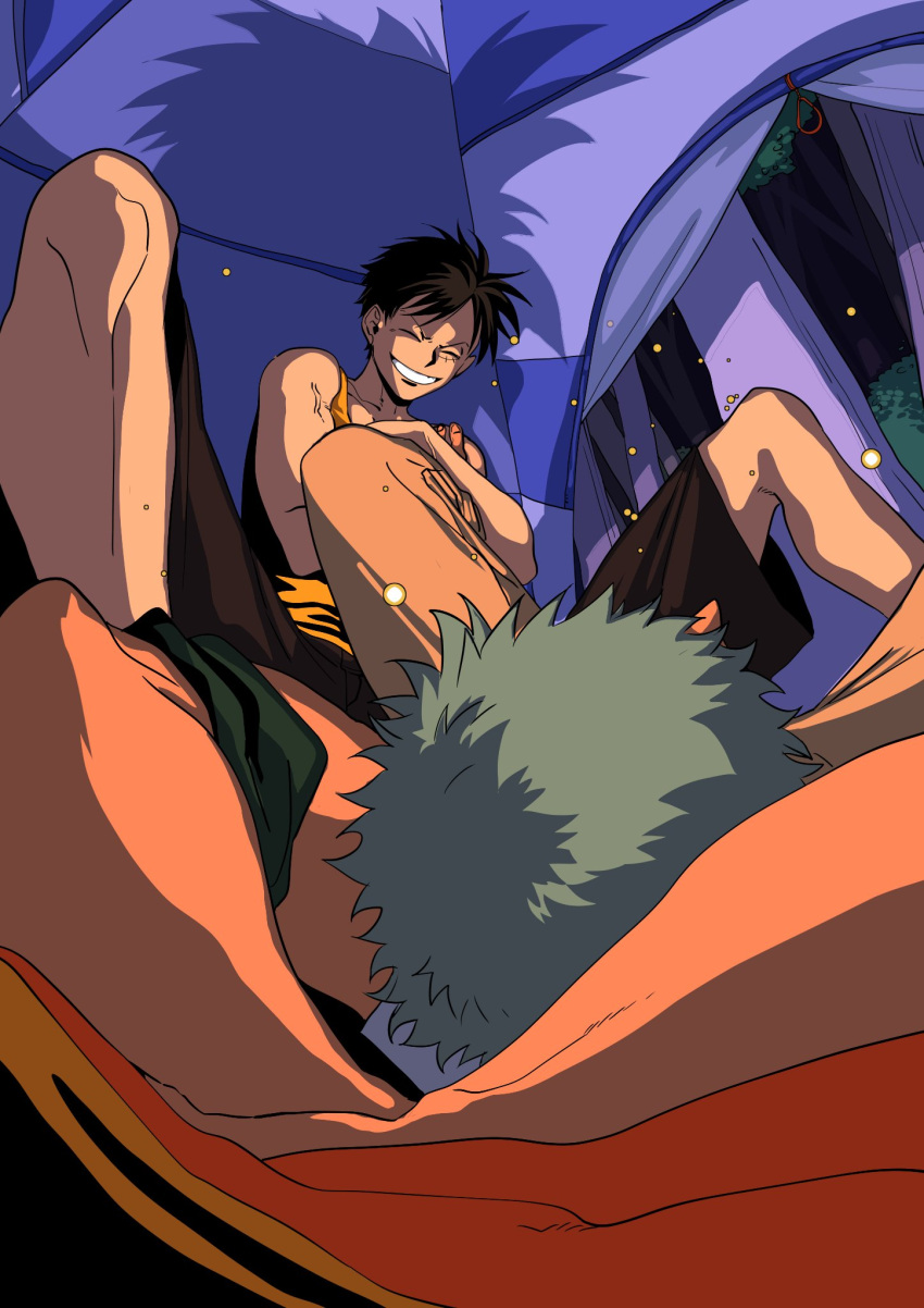 2boys arm_behind_head beast_romance black_hair camping closed_eyes crossed_arms feet_out_of_frame fireflies green_hair highres lying male_focus monkey_d._luffy multiple_boys on_back one_piece perspective roronoa_zoro scar scar_on_cheek scar_on_face shadow short_hair sideburns sitting smile tent_interior