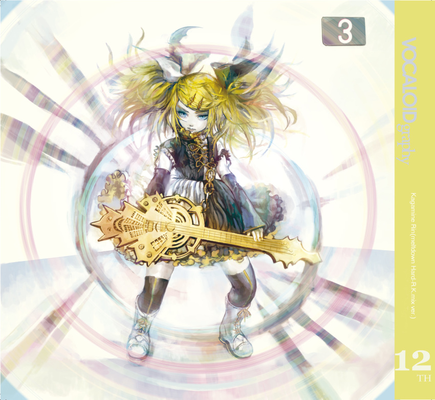 alternate_hairstyle bad_id bass_guitar blonde_hair blue_eyes boots detached_sleeves dress guitar hair_ornament hair_ribbon hairclip highres instrument kagamine_rin kagamine_rin_(roshin_yuukai/hard_rkmix) long_hair meltdown_(vocaloid) ribbon roshin_yuukai_(vocaloid) solo thigh-highs thighhighs tomatika twintails vocaloid zettai_ryouiki