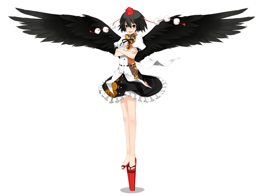 black_hair black_wings geta hat kodama_(wa-ka-me) red_eyes shameimaru_aya short_hair skirt tengu-geta tokin_hat touhou wings