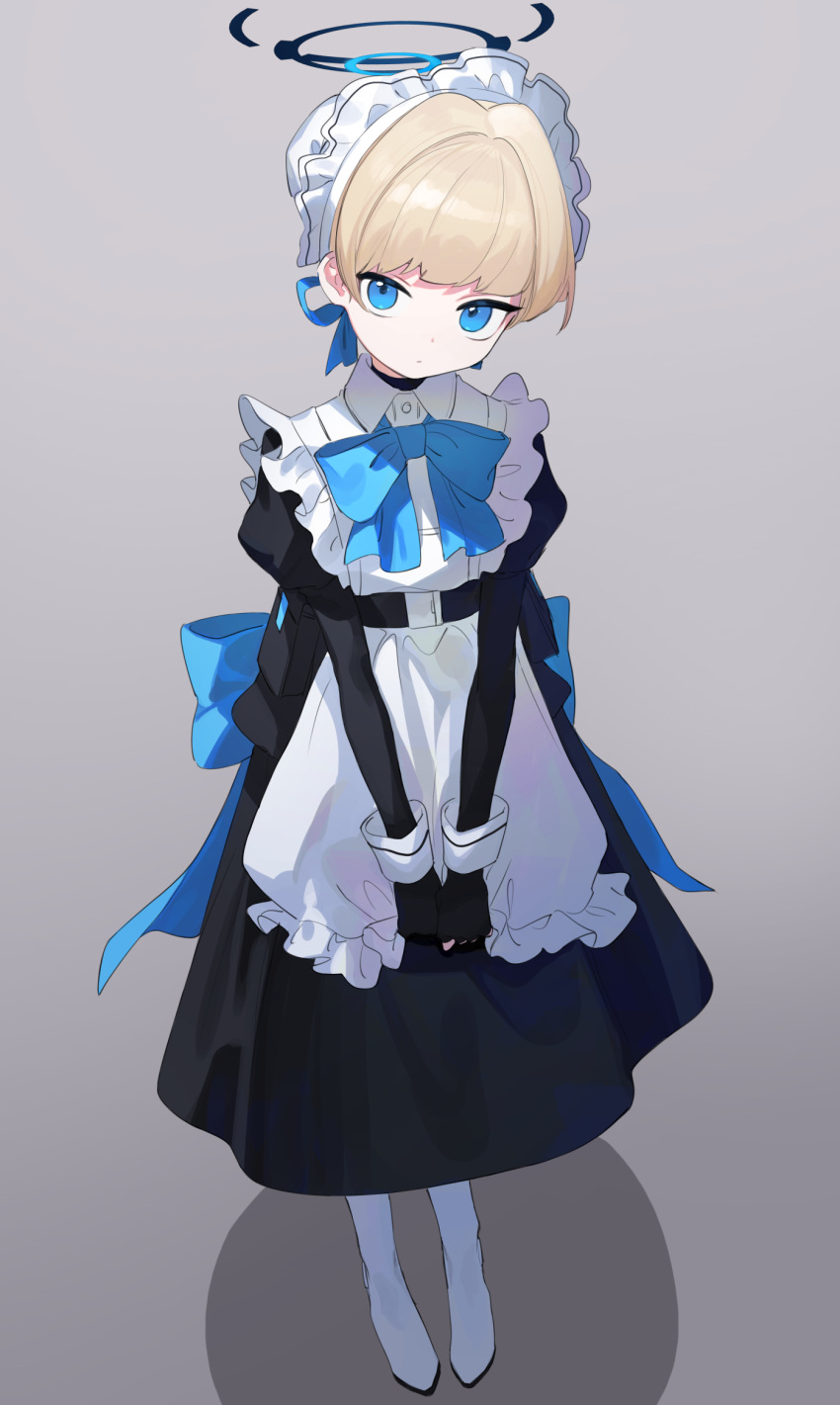 1girl aged_down apron back_bow black_dress black_gloves blonde_hair blue_archive blue_bow blue_bowtie blue_eyes blue_ribbon bow bowtie closed_mouth commentary dress frilled_apron frills full_body gloves grey_background hair_ribbon halo highres juliet_sleeves long_sleeves looking_at_viewer maid maid_apron maid_headdress puffy_sleeves ribbon short_hair signalviolet simple_background solo toki_(blue_archive) white_apron white_footwear
