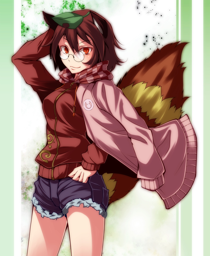1girl animal_ears brown_hair contemporary denim denim_shorts futatsuiwa_mamizou glasses highres jacket jacket_on_shoulders leaf leaf_on_head looking_at_viewer pince-nez raccoon_ears raccoon_tail red_eyes s-syogo short_hair shorts smile solo tail touhou