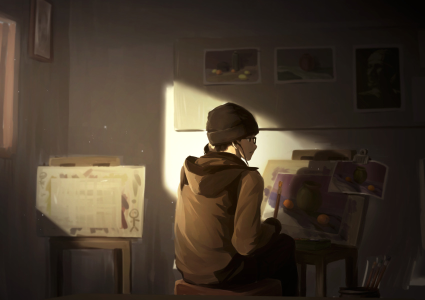 1boy beanie black_hair dark easel from_behind glasses hat highres hoodie indoors light_particles open_mouth original paint paintbrush painting painting_(object) short_hair sitting solo stool sunlight tc1995 window