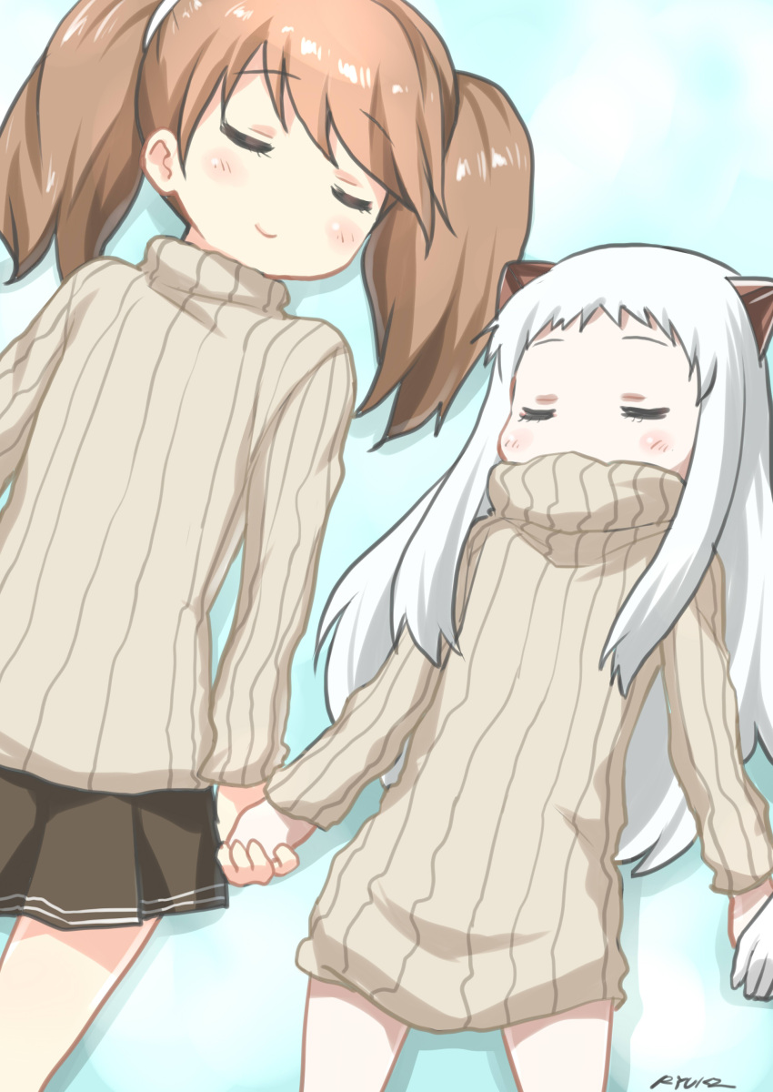 2girls absurdres alternate_costume brown_hair closed_eyes highres holding_hands horns kantai_collection lying multiple_girls northern_ocean_hime pale_skin pleated_skirt ribbed_sweater ryuki_(ryukisukune) ryuujou_(kantai_collection) shinkaisei-kan sketch skirt sleeping smile sweater turtleneck twintails white_hair
