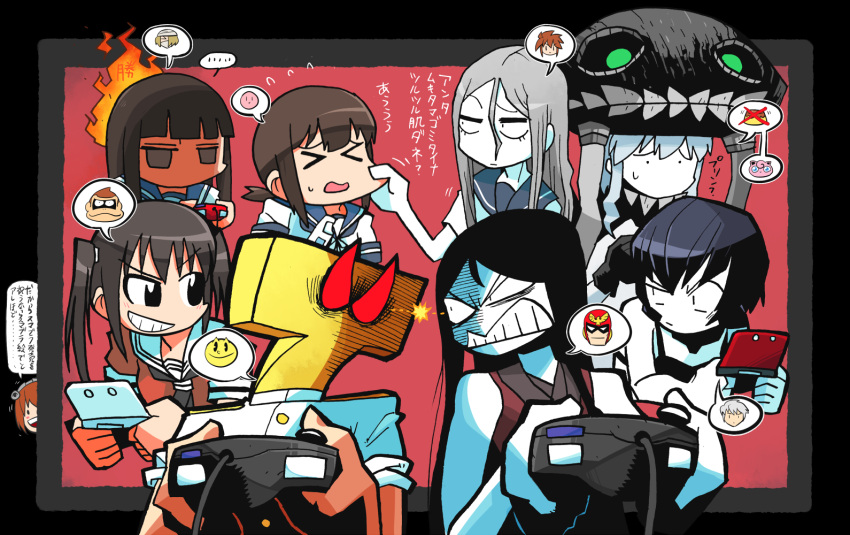 ... 1boy 6+girls ascot black_hair brown_hair captain_falcon cheek_pull clenched_teeth controller crossover donkey_kong donkey_kong_(series) f-zero fire fire_emblem fire_emblem:_kakusei fubuki_(kantai_collection) game_controller gamecube_controller glaring grin hatsuyuki_(kantai_collection) headwear jigglypuff kantai_collection kid_icarus kirby kirby_(series) long_hair multiple_girls my_unit nintendo nintendo_3ds ocarina_of_time pac-man pac-man_(game) pale_skin pit_(kid_icarus) playing_games pokemon ponytail rariatto_(ganguri) ri-class_heavy_cruiser ru-class_battleship sailor_collar school_uniform sendai_(kantai_collection) serafuku shaded_face sheik shinkaisei-kan short_hair silver_hair smile speech_bubble super_smash_bros. sweatdrop t-head_admiral ta-class_battleship the_legend_of_zelda translation_request twintails white_skin wo-class_aircraft_carrier yukikaze_(kantai_collection)