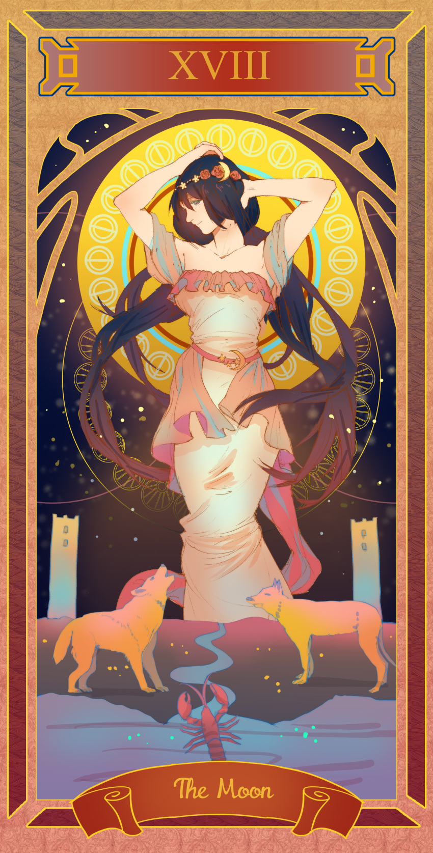 1girl absurdres art_nouveau black_hair breasts colored_eyelashes crescent_hair_ornament dress elaborate_frame english flower_wreath frame full_moon gradient_eyes hair_ornament hands_in_hair highres howling lobster long_hair long_image love_live!_school_idol_project moon multicolored_eyes river roman_numerals smile solo solo_focus strapless_dress sunyuqian tall_image tarot the_moon toujou_nozomi very_long_hair wolf