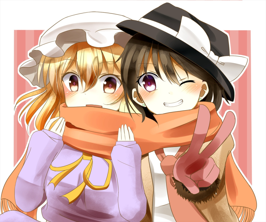 2girls black_hair blonde_hair bow brown_eyes gloves grin hat hat_bow indo_(mdtanaka2007) jacket long_sleeves maribel_hearn mob_cap multiple_girls one_eye_closed open_clothes open_jacket pink_gloves pose scarf shared_scarf shirt smile sweater touhou usami_renko v violet_eyes
