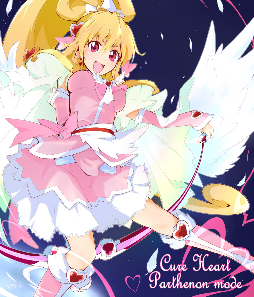 1girl :d aida_mana arm_warmers ashita_wa_hitsuji blonde_hair blue_background boots bow bow_(weapon) cape character_name cure_heart cure_heart_parthenon_mode dokidoki!_precure hair_ornament half_updo heart_hair_ornament highres knee_boots long_hair magical_girl open_mouth pink_eyes ponytail precure ribbon smile solo weapon wings