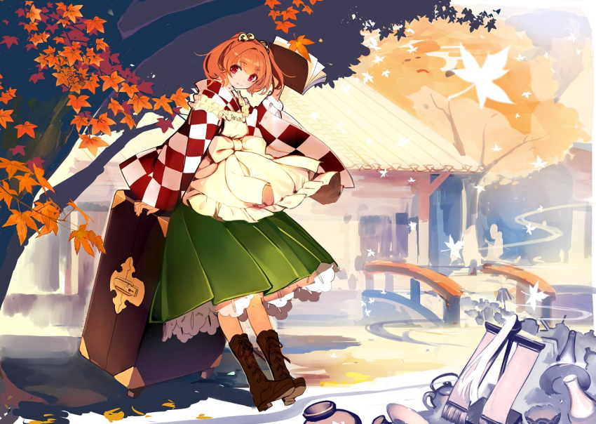 1girl apron book boots box brown_hair holding japanese_clothes kimono leaf lia-sama looking_at_viewer maple_leaf motoori_kosuzu red_eyes sitting sitting_on_object smile solo touhou tree two_side_up