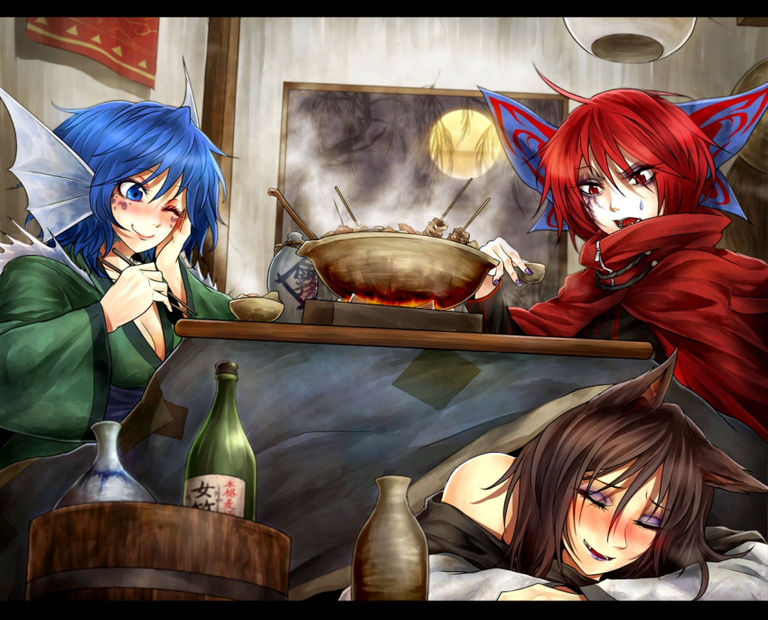 3girls animal_ears bare_shoulders blue_eyes blue_hair blush bottle bow breasts cape chopsticks cleavage closed_eyes full_moon hair_bow hand_on_own_cheek head_fins imaizumi_kagerou japanese_clothes kimono long_sleeves moon multiple_girls night obi off_shoulder one_eye_closed red_eyes redhead ryuuichi_(f_dragon) sake_bottle sash sekibanki shirt skirt sleeping smile touhou wakasagihime wide_sleeves window wolf_ears