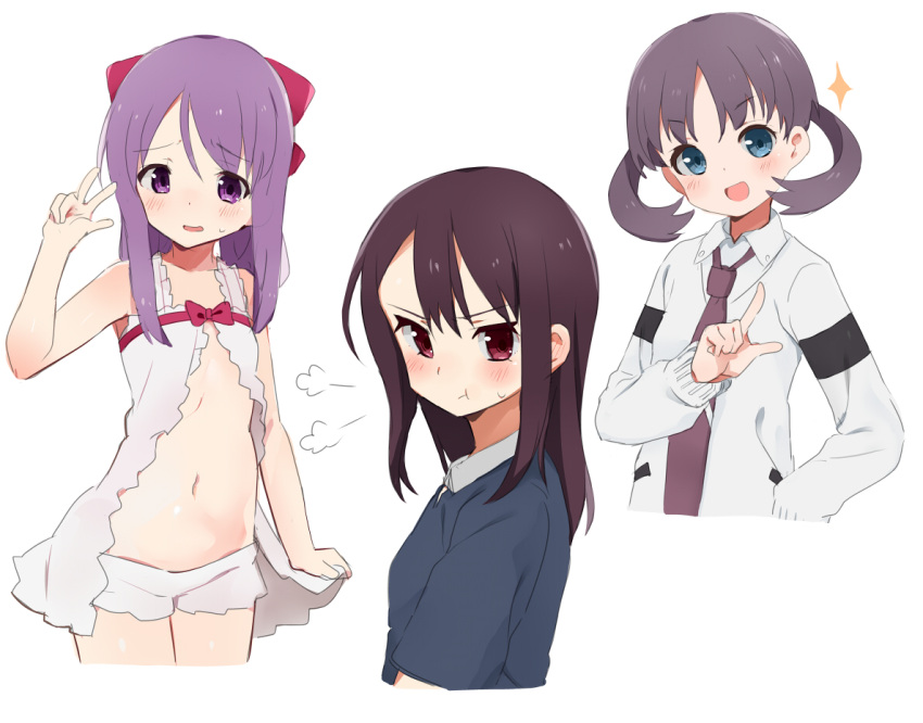 3girls babydoll blue_eyes blush embarrassed flat_chest hanada_kirame long_hair multiple_girls necktie noyori_risa open_mouth pointing pointing_up pout purple_hair red_eyes saki saki_achiga-hen saki_shinohayu_the_dawn_of_age shisoneri sparkle suehara_kyouko sweatdrop tagme twintails v violet_eyes