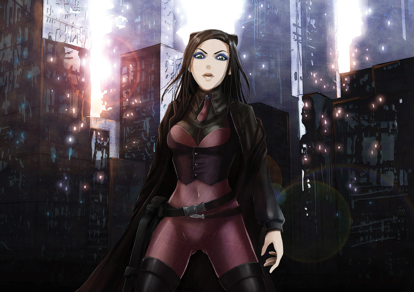 1girl breasts brown_hair building cityscape covered_navel cowboy_shot ergo_proxy eyeliner green_eyes gun highres lens_flare long_hair long_sleeves makeup necktie parted_lips real_mayer ruins skyscraper solo weapon yoneyu