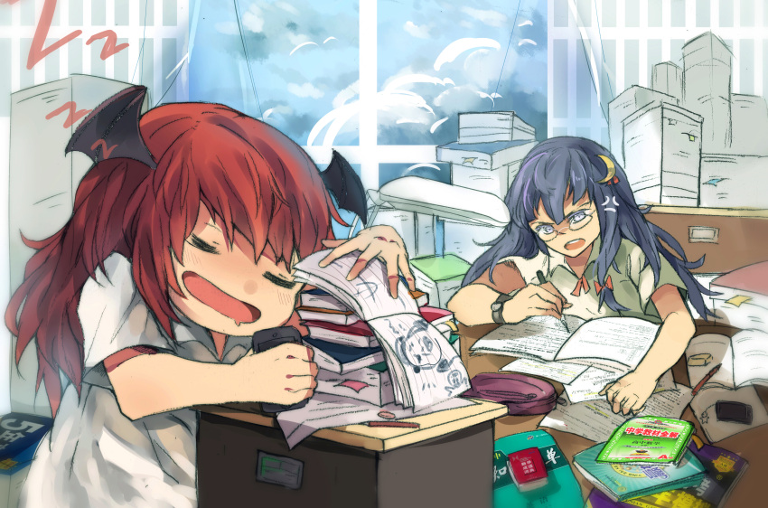 2girls alternate_costume anger_vein bat_wings bird blue_sky bow casual cellphone closed_eyes clouds cloudy_sky crescent_hair_ornament curtains drawing hair_bow hair_ornament highres koakuma long_hair multiple_girls patchouli_knowledge pen phone pile-up purple_hair redhead sketch sky sleeping sunyuqian t-shirt touhou violet_eyes watch watch window wings writing zzz
