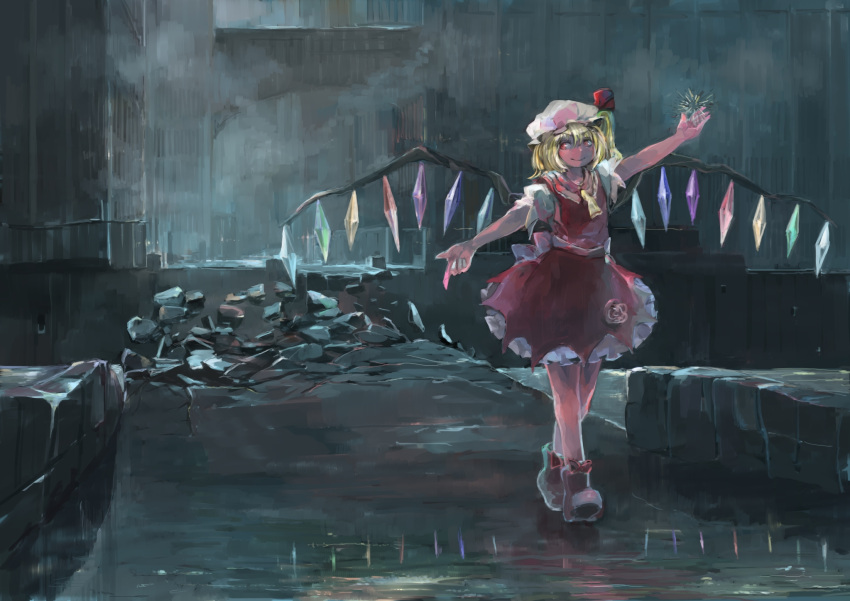 1girl ascot blonde_hair broken crystal flandre_scarlet flower frills full_body hat hat_ribbon highres ichiba_youichi mob_cap outstretched_arms ponytail puffy_short_sleeves puffy_sleeves rain red_eyes ribbon rose sash shirt shoes short_hair short_sleeves side_ponytail skirt skirt_set smile solo touhou vest wings