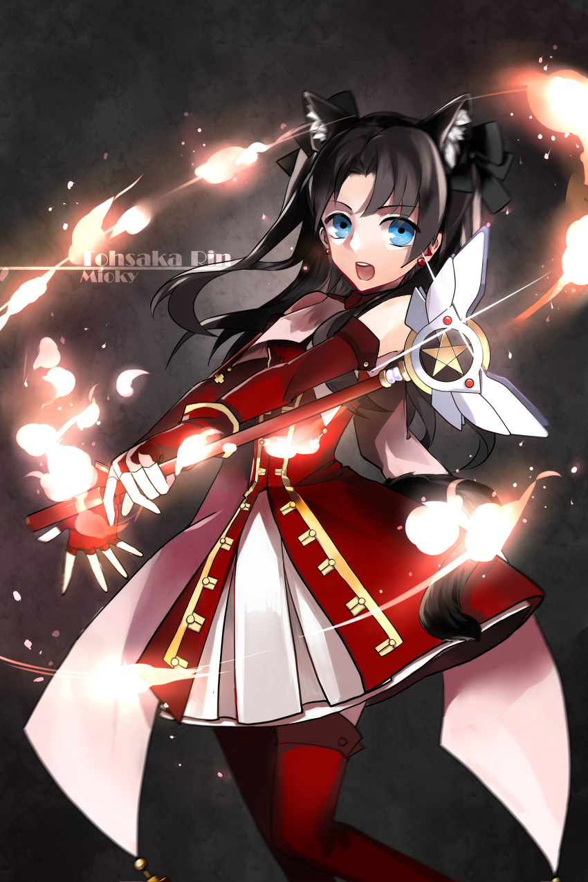 1girl absurdres animal_ears black_hair blue_eyes cat_ears cat_tail elbow_gloves fate/stay_night fate_(series) fire gloves highres kaleido_ruby kaleidostick long_hair magical_girl mioky solo tail thigh-highs tohsaka_rin toosaka_rin two_side_up