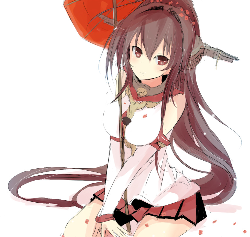 1girl bare_shoulders between_thighs brown_eyes brown_hair headgear highres kantai_collection long_hair looking_at_viewer nao_(qqqbb) oriental_umbrella pleated_skirt pout sitting skirt umbrella v_arms very_long_hair white_background yamato_(kantai_collection)