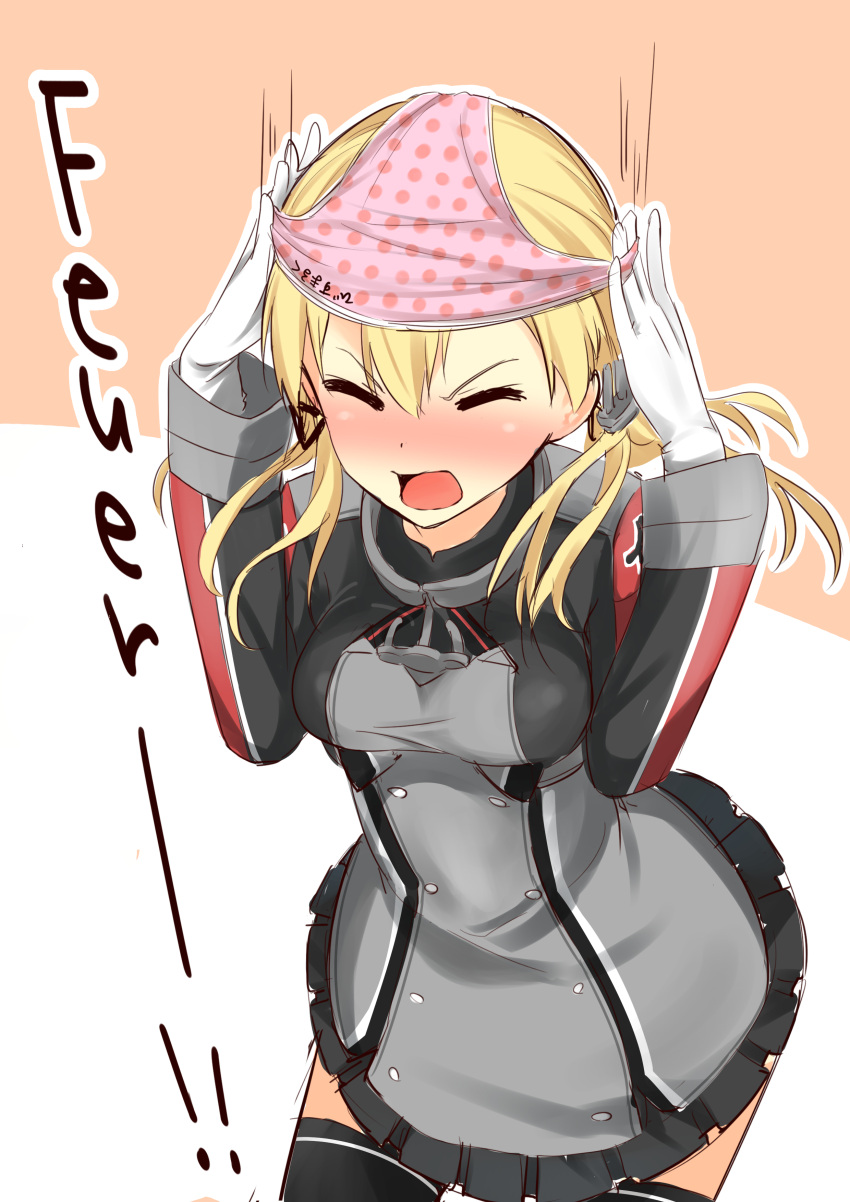 1girl absurdres anchor_hair_ornament black_legwear black_skirt blonde_hair blush closed_eyes clothes_theft german gloves highres iron_cross kantai_collection long_sleeves max_melon_teitoku microskirt military military_uniform object_on_head open_mouth panties panties_on_head pleated_skirt polka_dot polka_dot_panties prinz_eugen_(kantai_collection) skirt solo theft thigh-highs underwear underwear_theft uniform white_gloves zettai_ryouiki