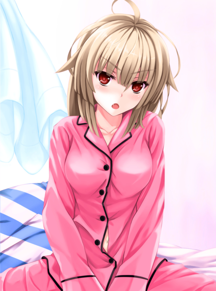 1girl ahoge blonde_hair breasts bust collarbone drapes fang frown highres indoors kitou_kaitai long_sleeves looking_at_viewer navel on_bed open_mouth original pajamas red_eyes sitting solo v_arms