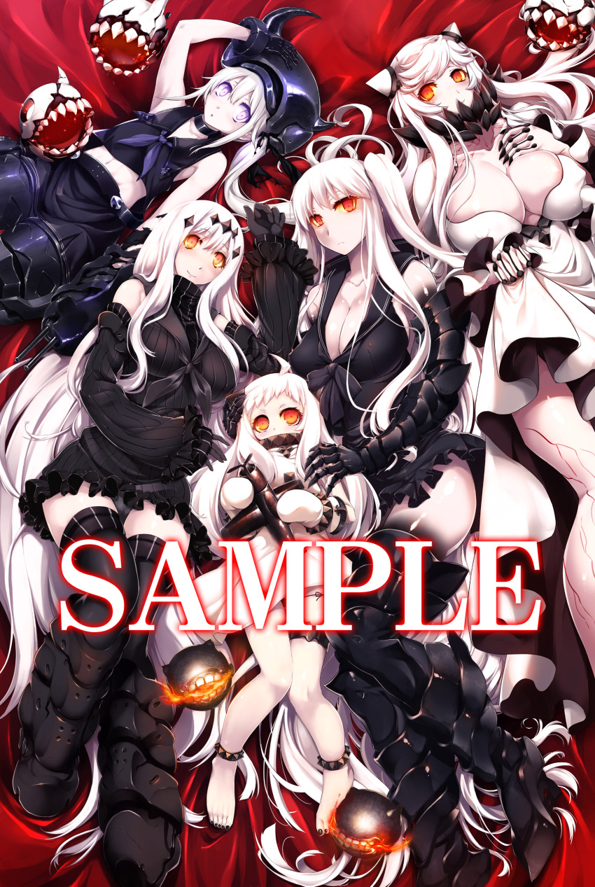 5girls absurdres aircraft_carrier_oni aircraft_carrier_water_oni armored_boots barefoot boots breasts claws cleavage destroyer_hime gauntlets gloves greaves highres huge_breasts kantai_collection large_breasts long_hair midway_hime mittens multiple_girls northern_ocean_hime oni_horns ouma_tokiichi pale_skin red_eyes reppuu_(kantai_collection) sample school_uniform serafuku shinkaisei-kan side_ponytail size_difference thigh-highs thigh_boots veins violet_eyes white_hair white_skin zettai_ryouiki