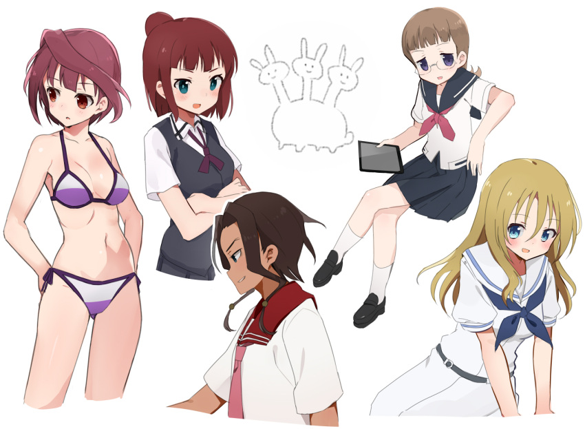 5girls akado_harue bangs bikini blonde_hair blue_eyes blunt_bangs brown_hair chestnut_mouth crossed_arms funakubo_hiroko glasses green_eyes hair_bun long_hair megan_davin multiple_girls necktie oohoshi_awai open_mouth red_eyes redhead ribbon saki saki_achiga-hen school_uniform shisoneri short_hair swimsuit tagme usuzawa_sae violet_eyes