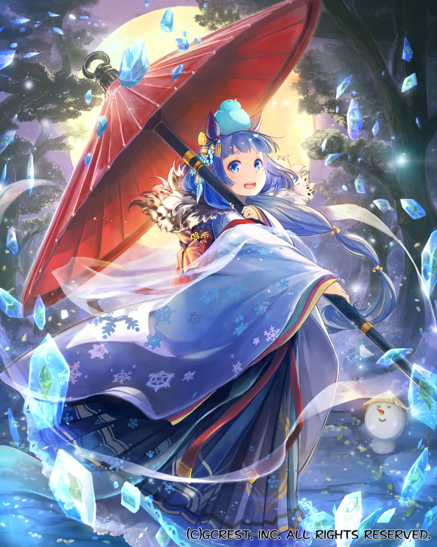 1girl :d animal_ears blue_eyes blue_hair dragon's_shadow fox_ears full_moon hair_ornament highres holding japanese_clothes kimono layered_clothing layered_kimono long_hair looking_at_viewer moon official_art open_mouth oriental_umbrella original shawl smile snowman solo tree umbrella very_long_hair virus_(obsession) wind