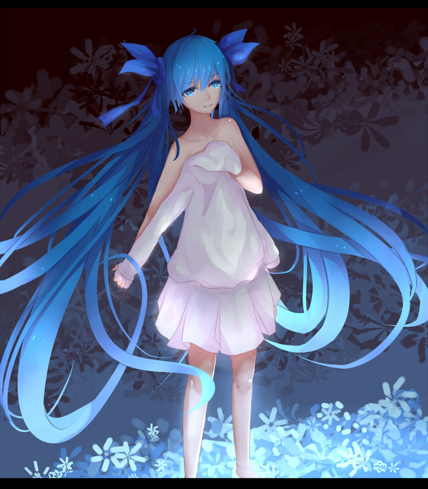 .l.l 1girl absurdly_long_hair absurdres ahoge bare_shoulders barefoot blue_eyes blue_hair clothes_in_front collarbone dress floral_background hair_ribbon hatsune_miku highres legs letterboxed long_hair long_sleeves looking_at_viewer ribbon shirt skirt smile solo standing topless twintails very_long_hair vocaloid white_shirt white_skirt