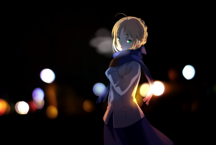 1girl :o ahoge blonde_hair blurry bokeh breath coat colored_eyelashes depth_of_field fate/stay_night fate_(series) gloves green_eyes kabane_(follabi) long_sleeves looking_at_viewer saber scarf skirt solo