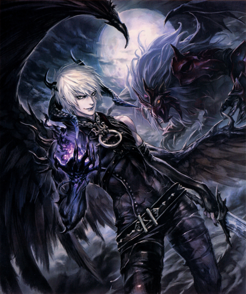 1boy azazel_(shingeki_no_bahamut) black_wings highres horns moon shingeki_no_bahamut:_genesis sword weapon wings