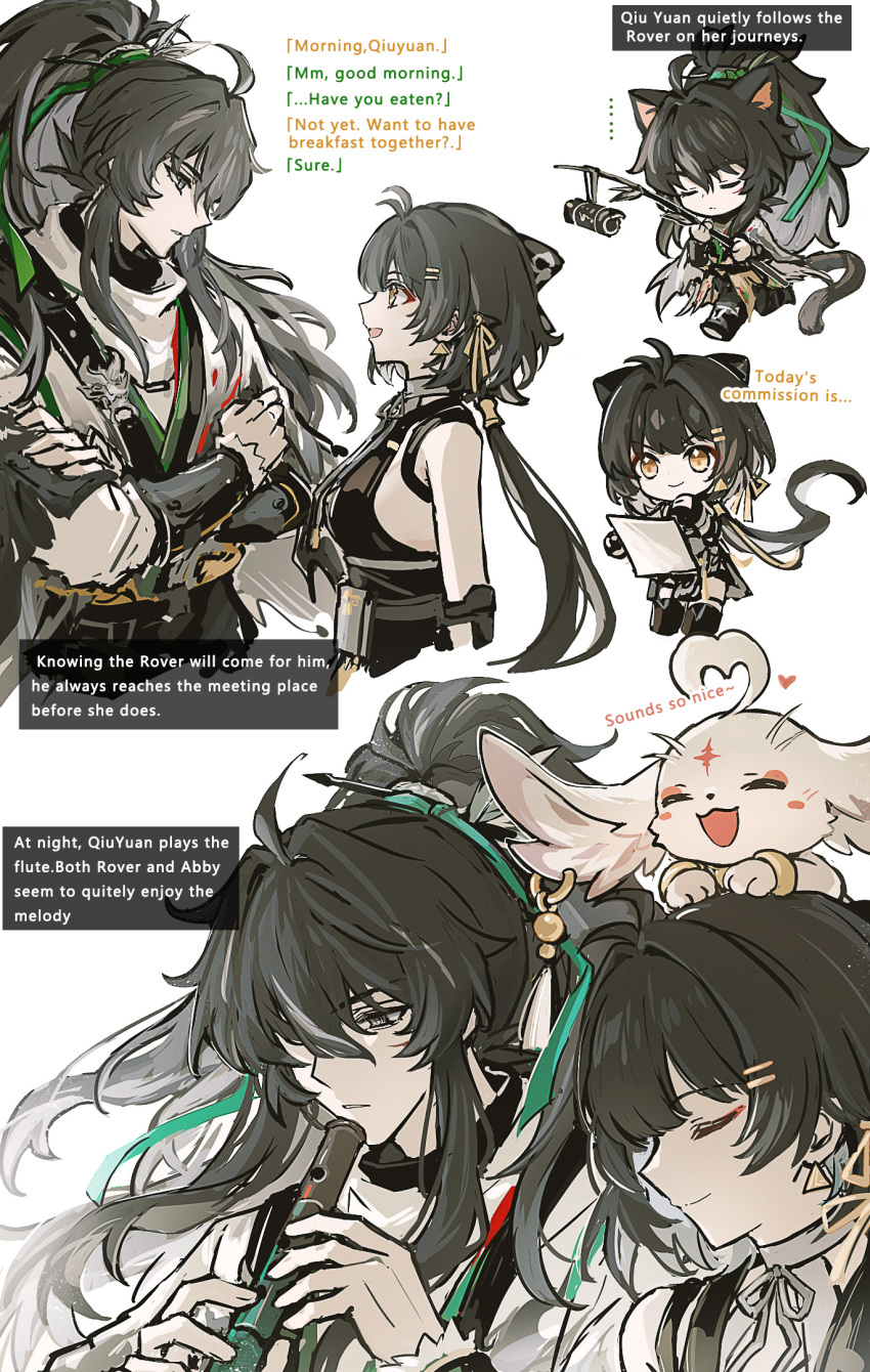 1boy 1girl abby_(wuthering_waves) akiko54124 alternate_language arm_armor bare_shoulders black_hair breasts cloak closed_eyes closed_mouth commentary english_commentary english_text female_rover_(wuthering_waves) flute grey_eyes highres holding holding_flute holding_instrument instrument long_hair low_ponytail medium_breasts open_mouth ponytail qiuyuan_(wuthering_waves) rover_(wuthering_waves) smile white_cloak wuthering_waves yellow_eyes