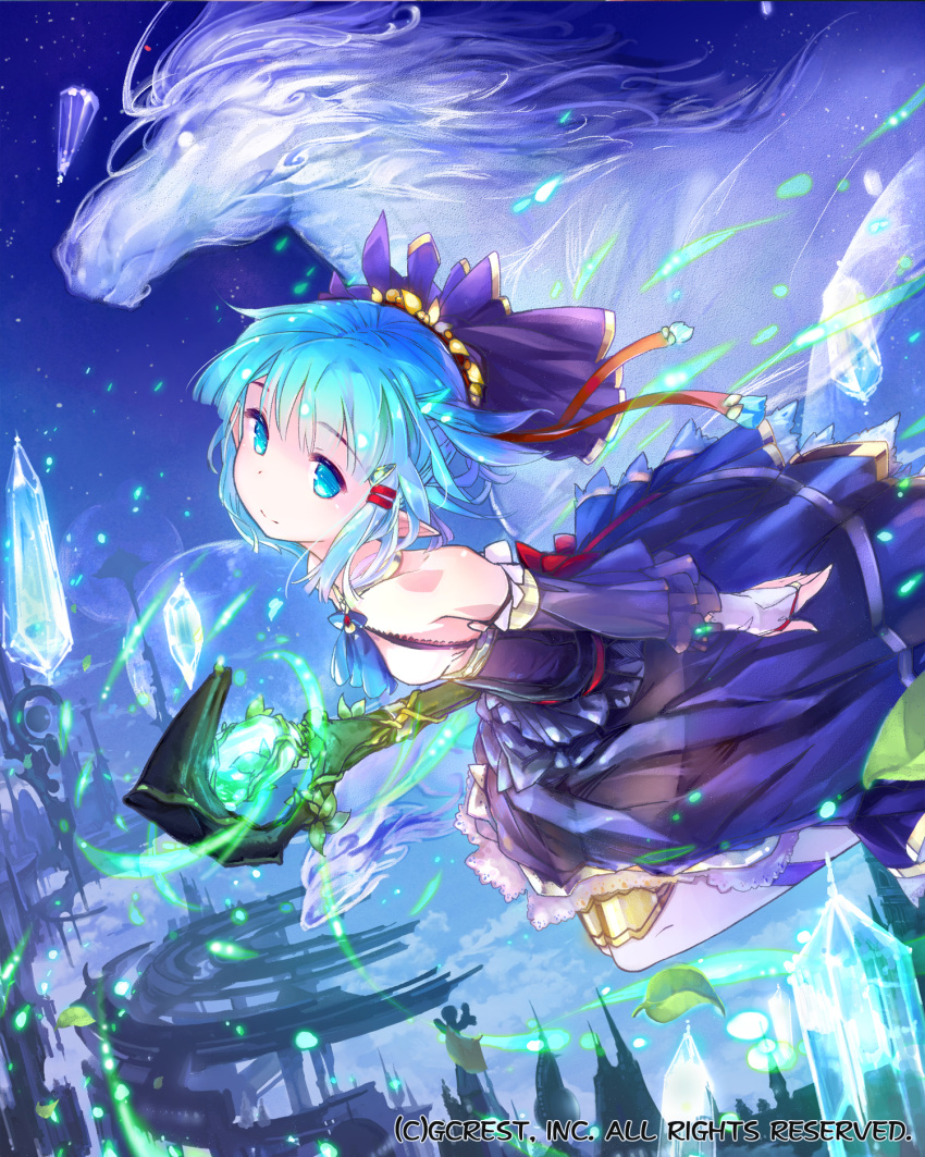 1girl bare_shoulders blue_eyes blue_hair bridal_gauntlets dragon's_shadow hair_ornament hairclip highres looking_at_viewer official_art original pointy_ears smile solo staff virus_(obsession)