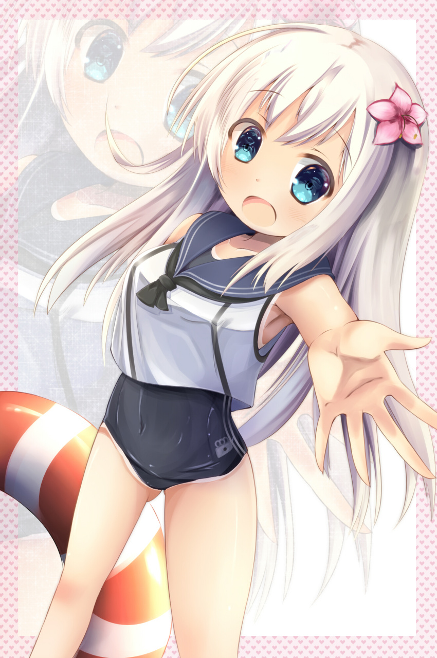 1girl blonde_hair blue_eyes crop_top female foreshortening highres kantai_collection lifebuoy long_hair pokonyan_(kuhina0110) ro-500_(kantai_collection) sailor_collar school_swimsuit solo swimsuit swimsuit_under_clothes tan tanline u-511_(kantai_collection)